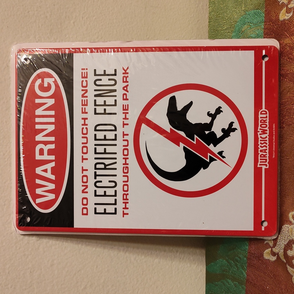 NWT Jurassic World Warning Metal Sign Decor